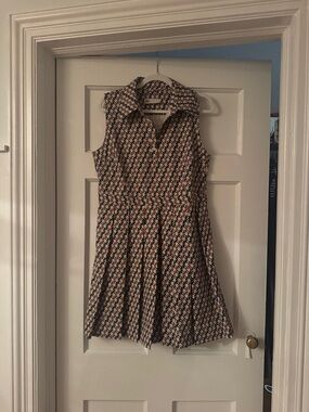 Tory Burch Navy, Cream & Brown Printed Sleeveless Collared Dress